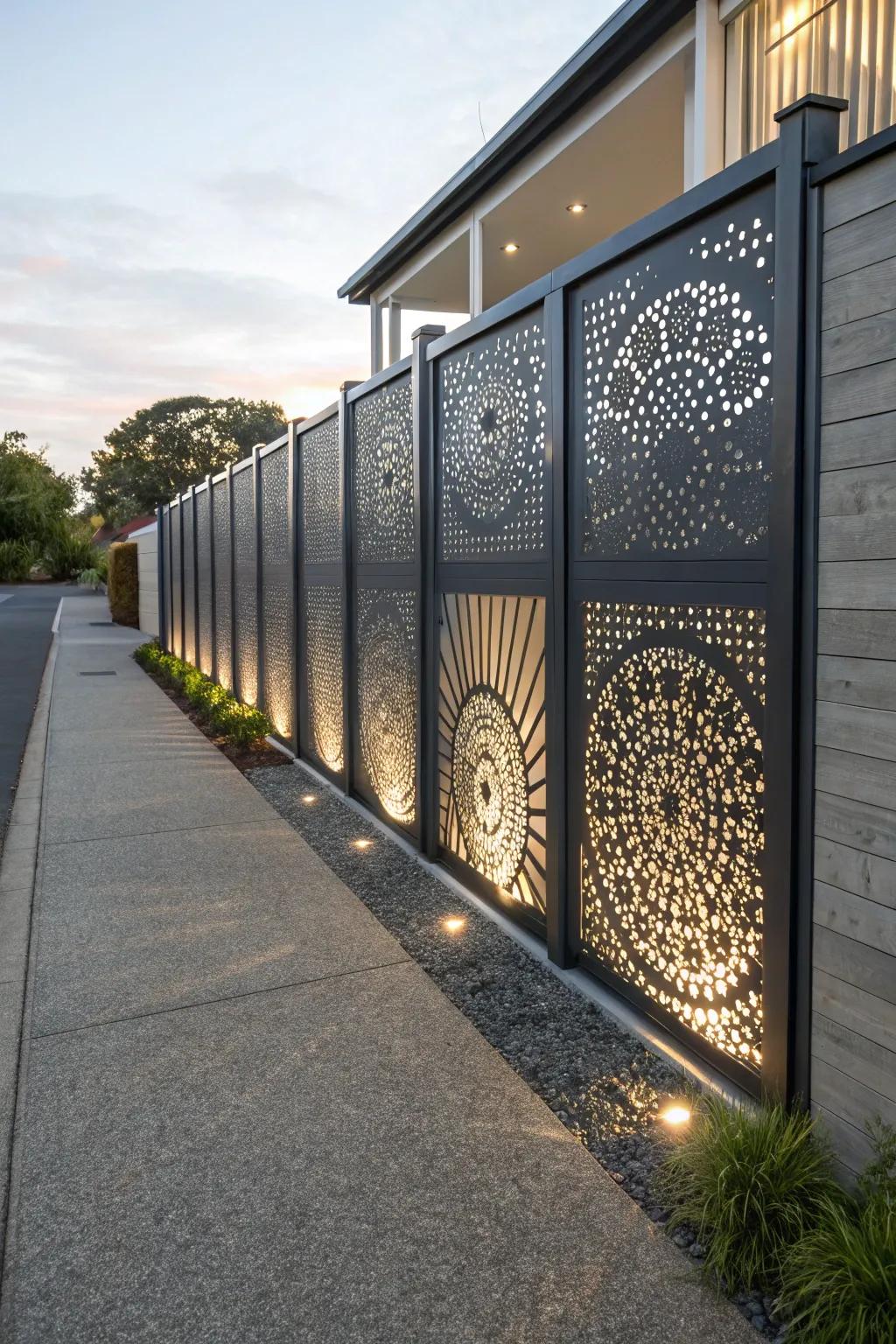 Perforated metal panels provide privacy and visual intrigue.