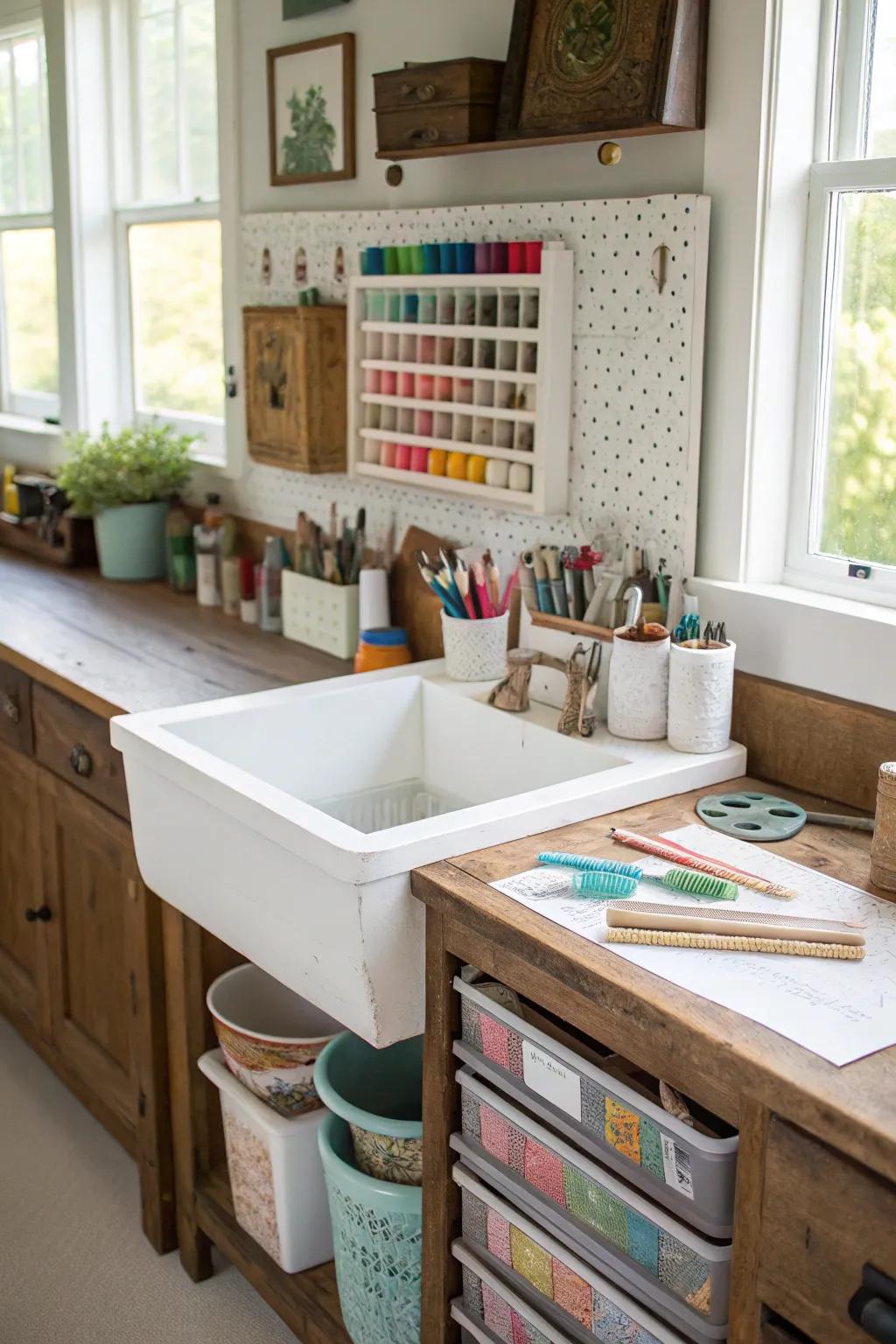 A crafting place created from a versatile cabinet sink.