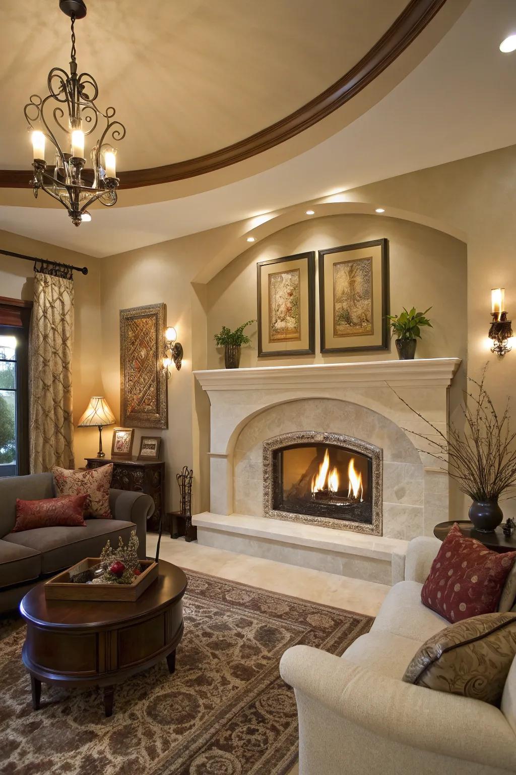 Curves append a nuance of sophistication to a drywall fireplace.