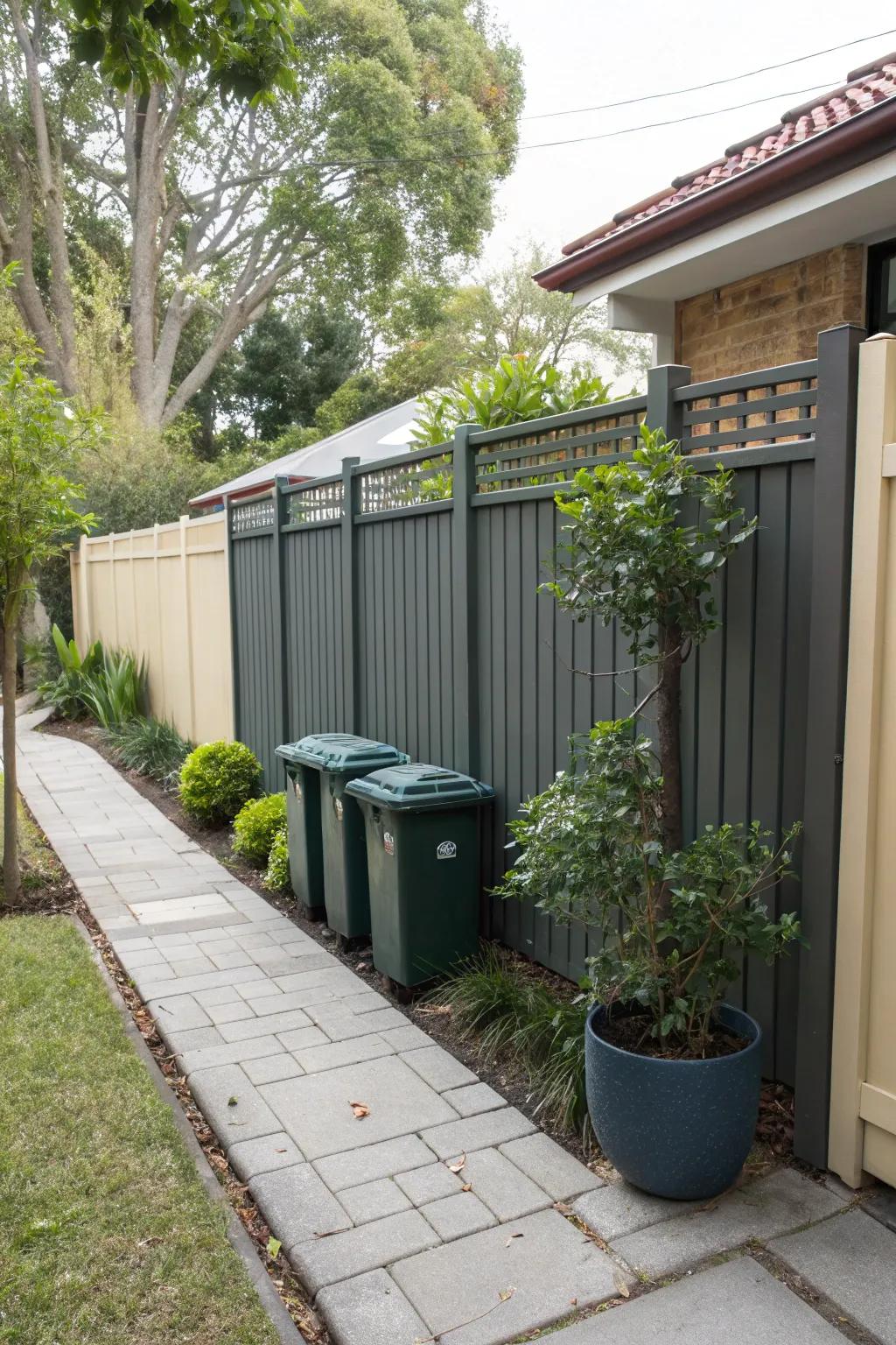 A false fence front presents a refined aesthetic and conceals bins effectively.