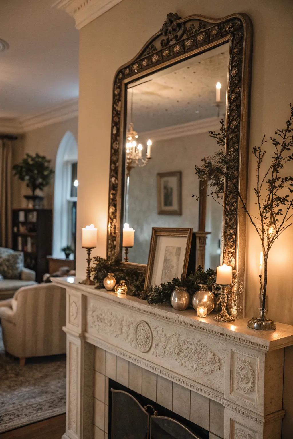 An antique mirror enhances refinement and dimension.