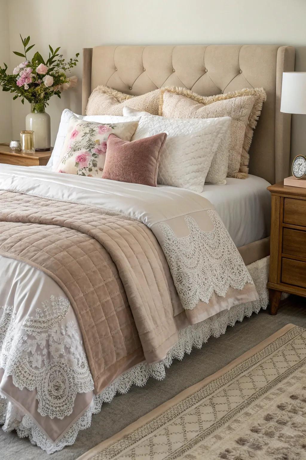 Layered bedding enhances coziness and visual appeal.