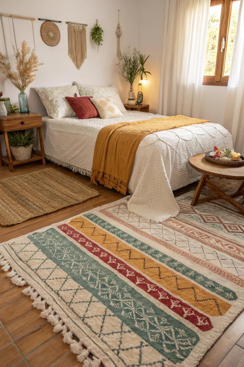 A bedroom featuring layered rugs in beautifully complementary colors.