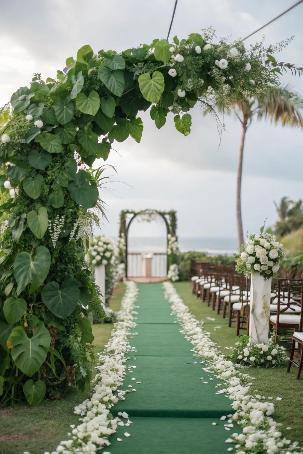 An outdoor aisle adorned with teal foliage.