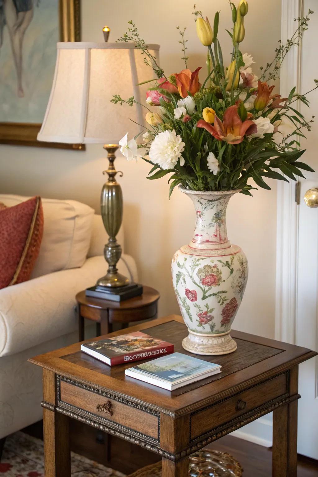 A focal point anchoring the decor on a side table.