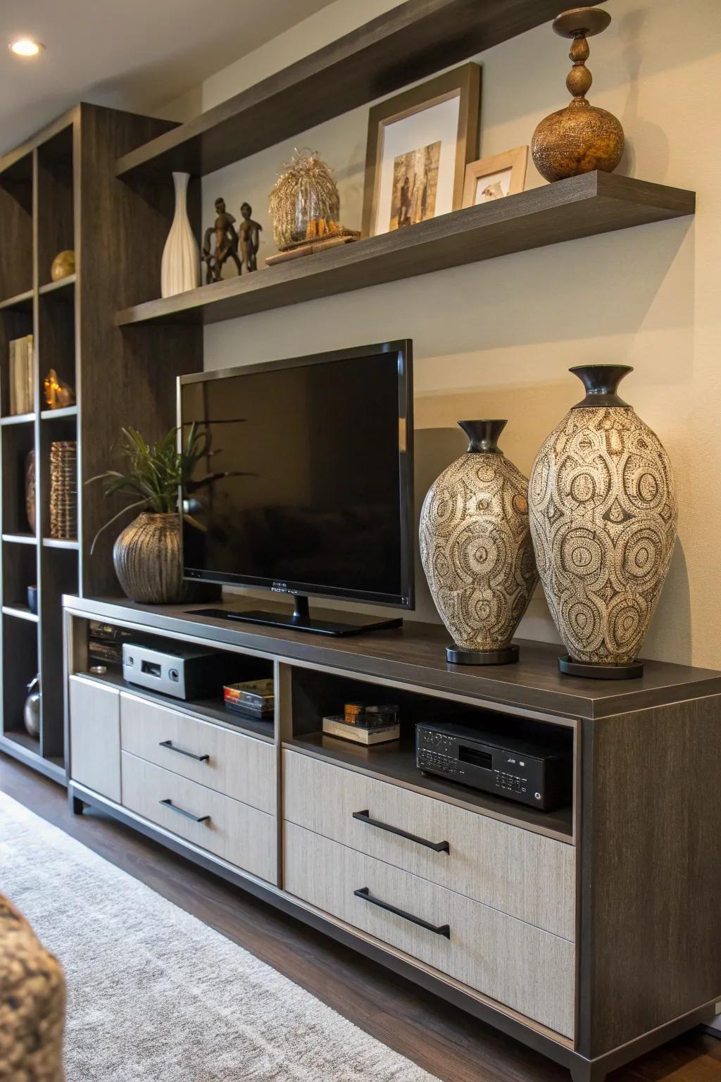 Oversized decor pieces utilize the upper surface within this entertainment space.