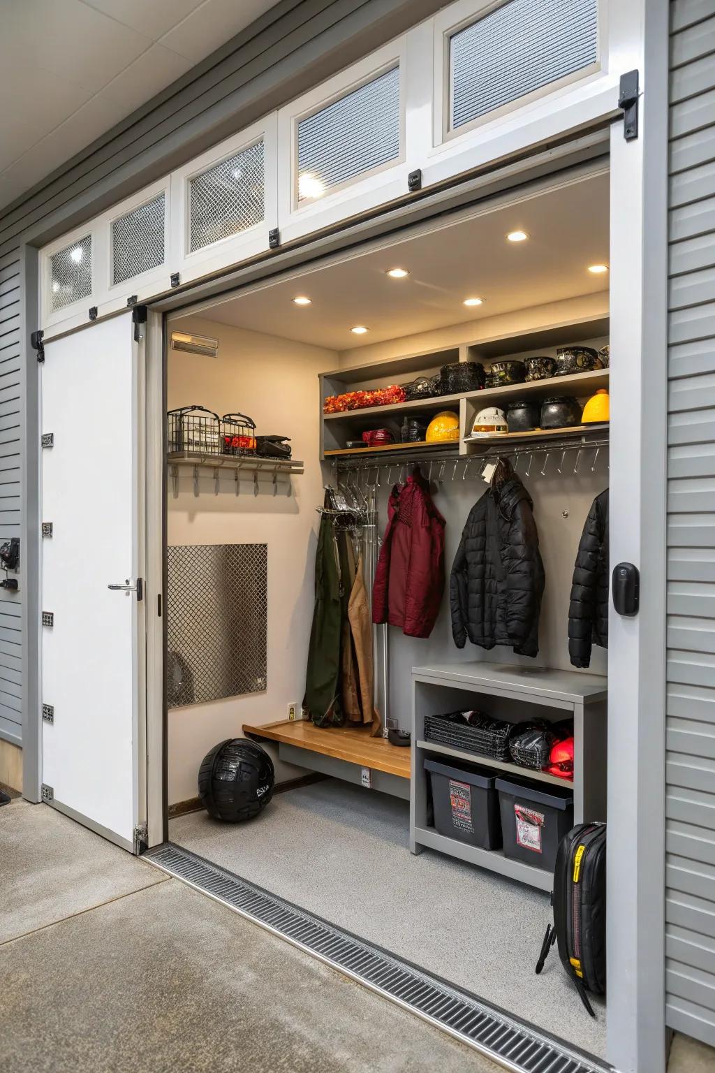 A ventilated coat closet keeps outerwear fresh and organized.