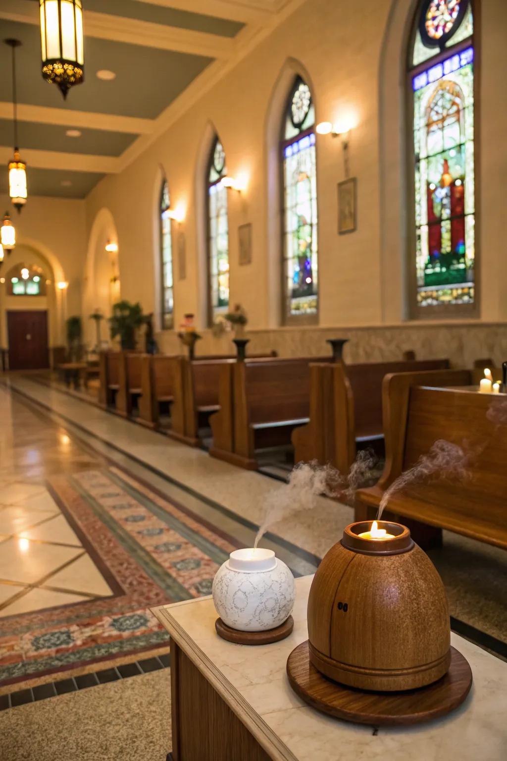 A subtle fragrance enhances the sensory experience in the church foyer.