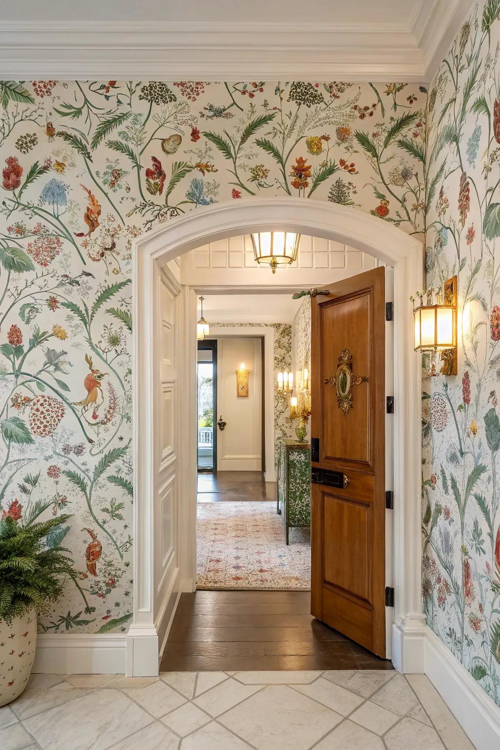 Playful wall covering contributes character and intrigue to the entryway.
