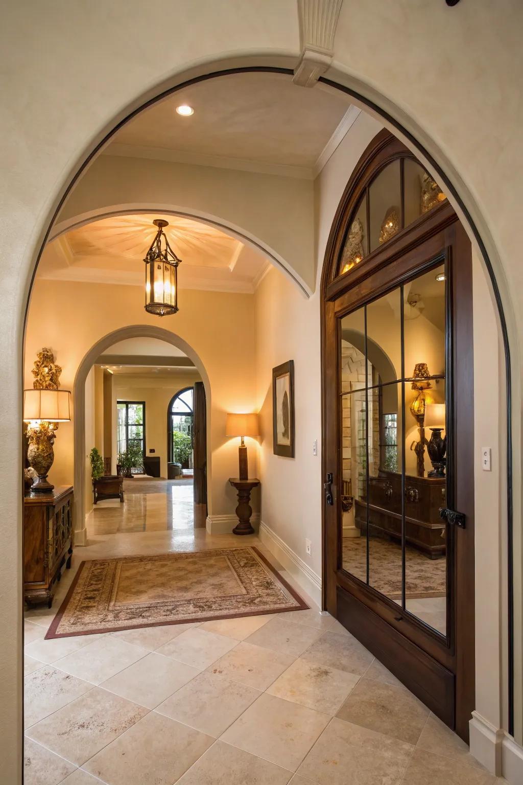 An arched mirror introduces organic forms and elegance to the entryway.