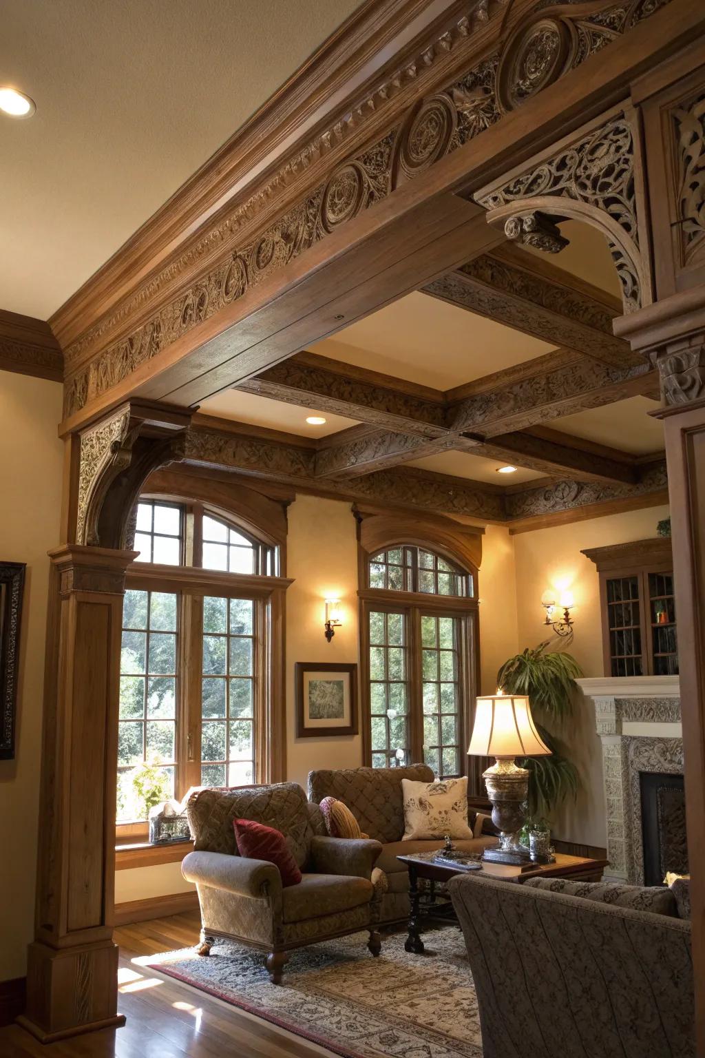 Structural features enhance the character of this European-inspired living area.