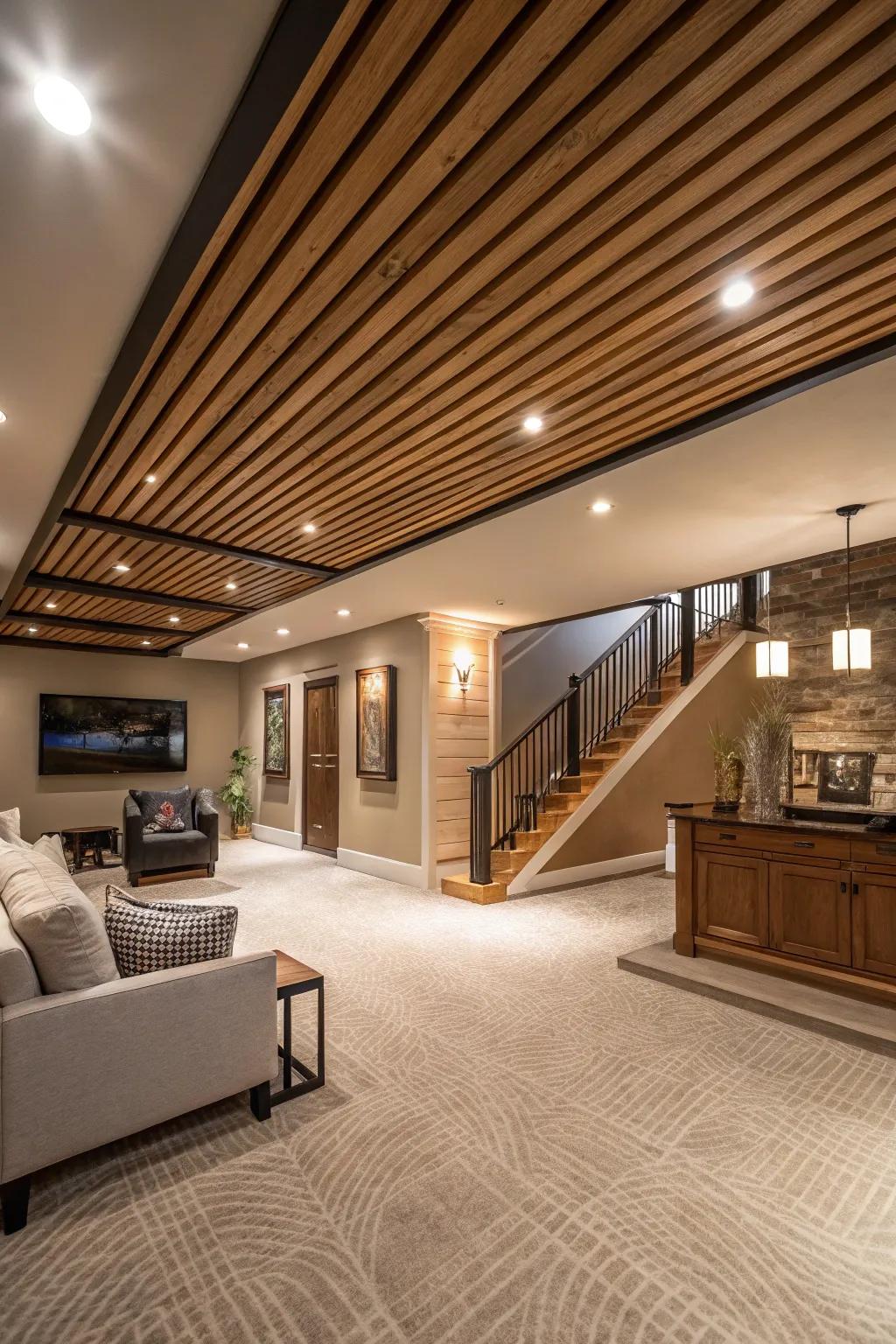 Elegant lumber laths craft a sophisticated upper space design.