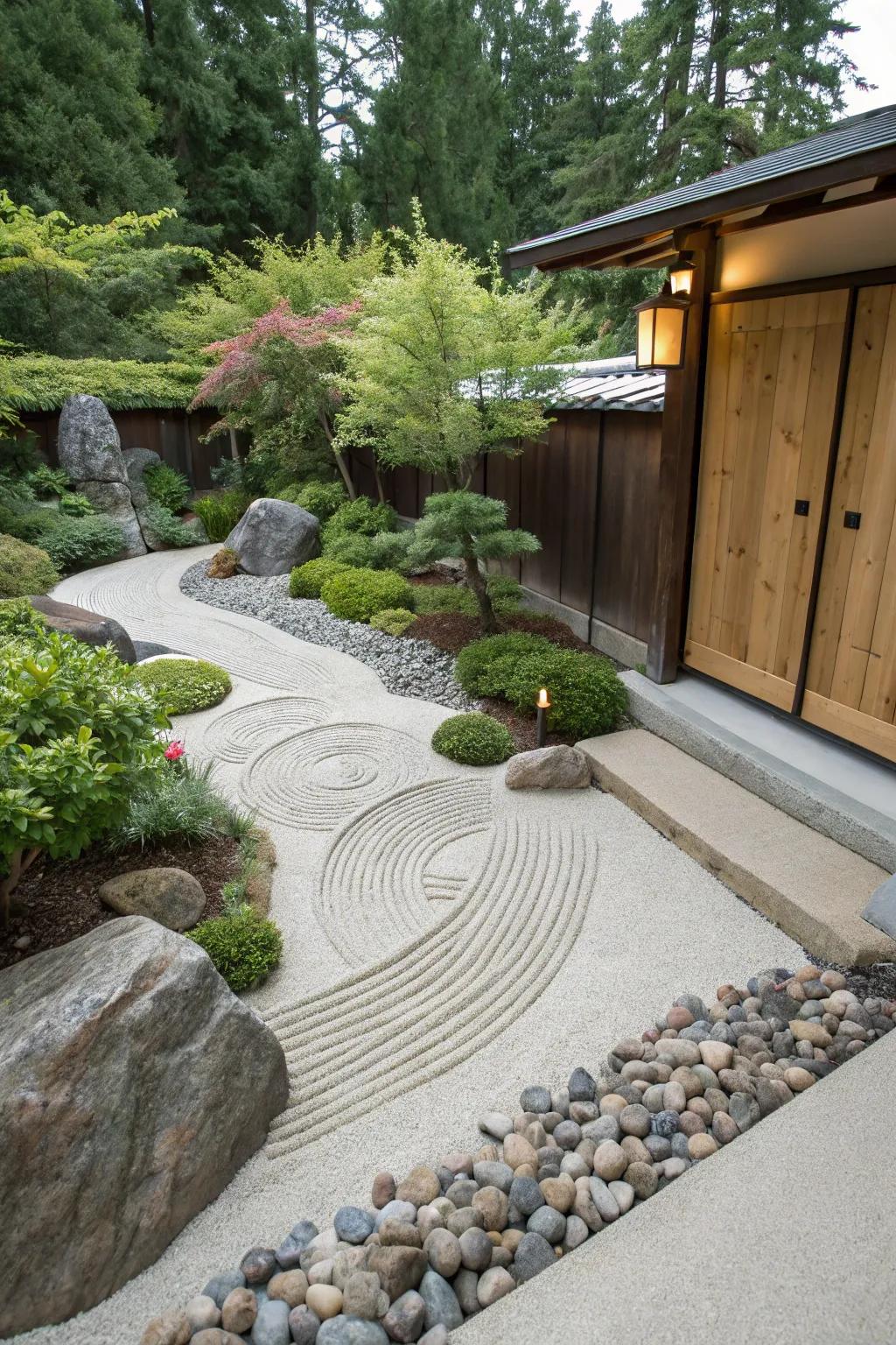 A calming Zen garden offers a meditative retreat near a basement.
