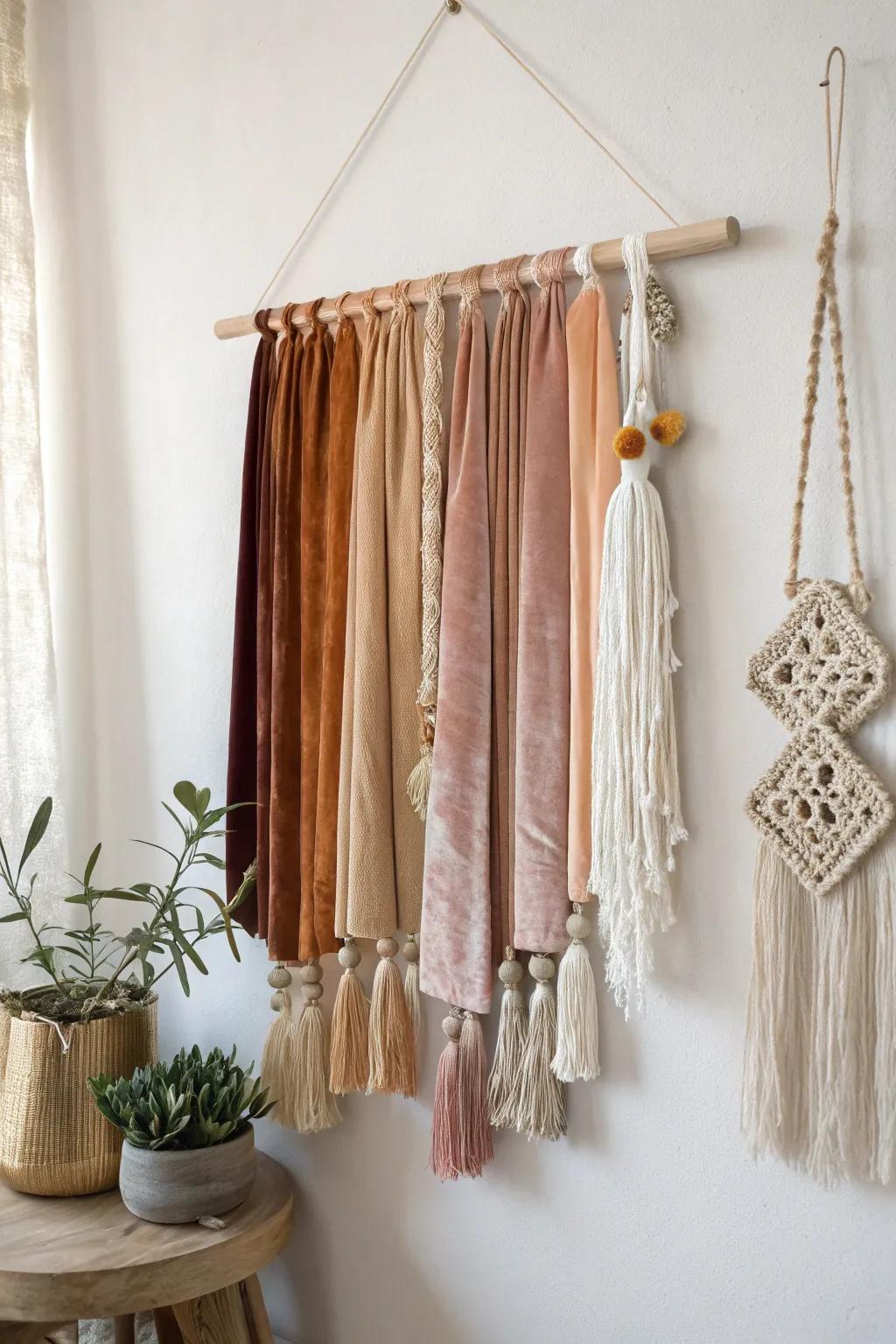 Craft your personal woven wall hanging: a blend of elegance and simplicity with velvet, silk, and cotton.