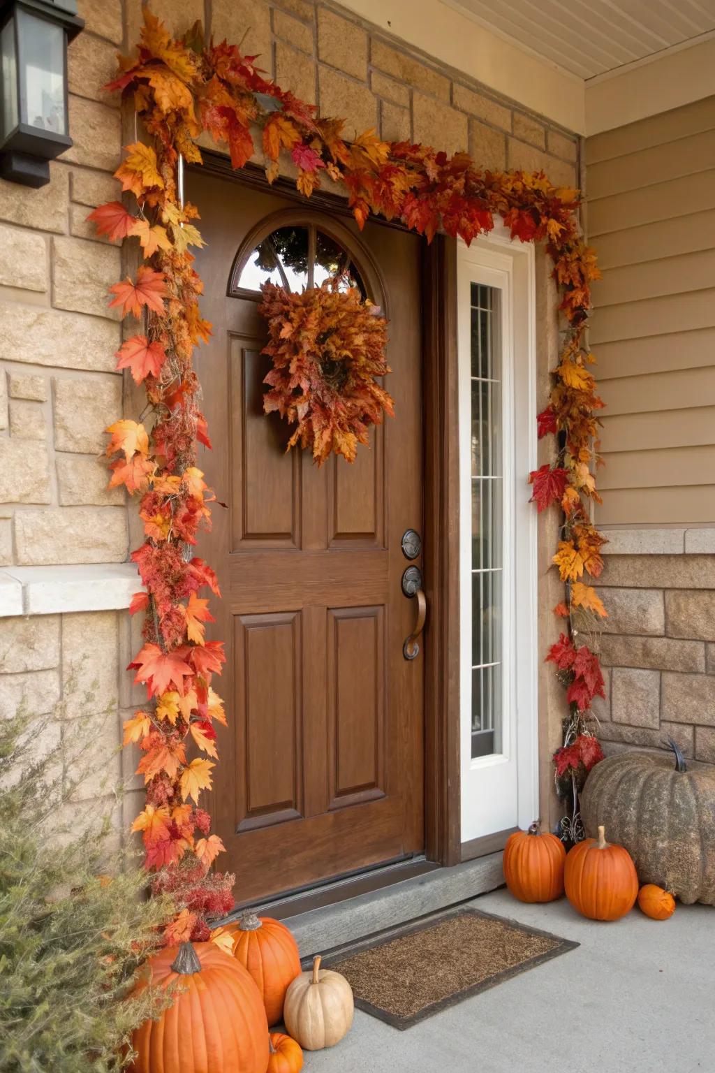 A garland of leaves and pumpkins adds a welcoming touch to doorways.