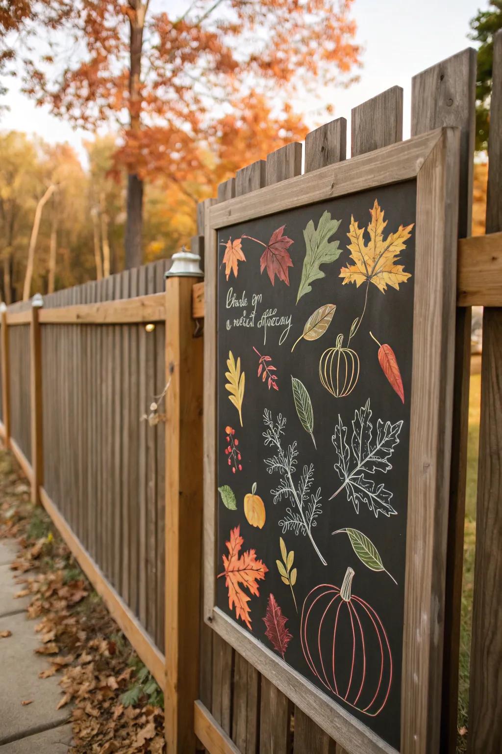 A chalkboard exhibiting fall-themed sketches enhances the fence's charm.