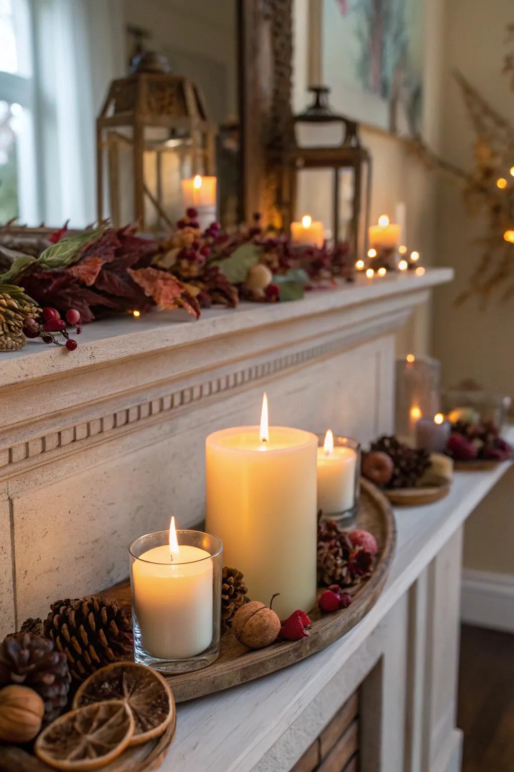 An autumnal fireplace with scented tapers and potpourri.