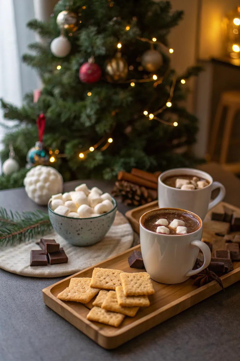 Savor the delightful amalgamation of sweetened puffs and warm cocoa.