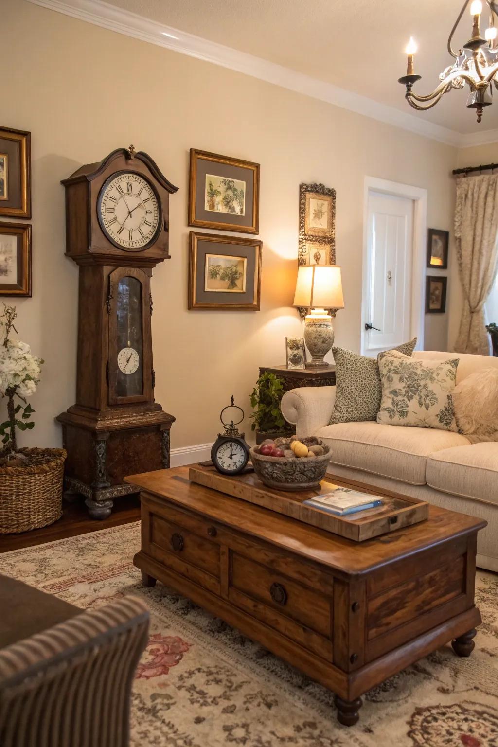 A family room enhanced with character through vintage treasures.