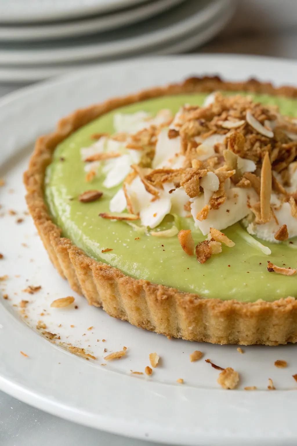 Coconut bits add a tropical vibe to the pie.
