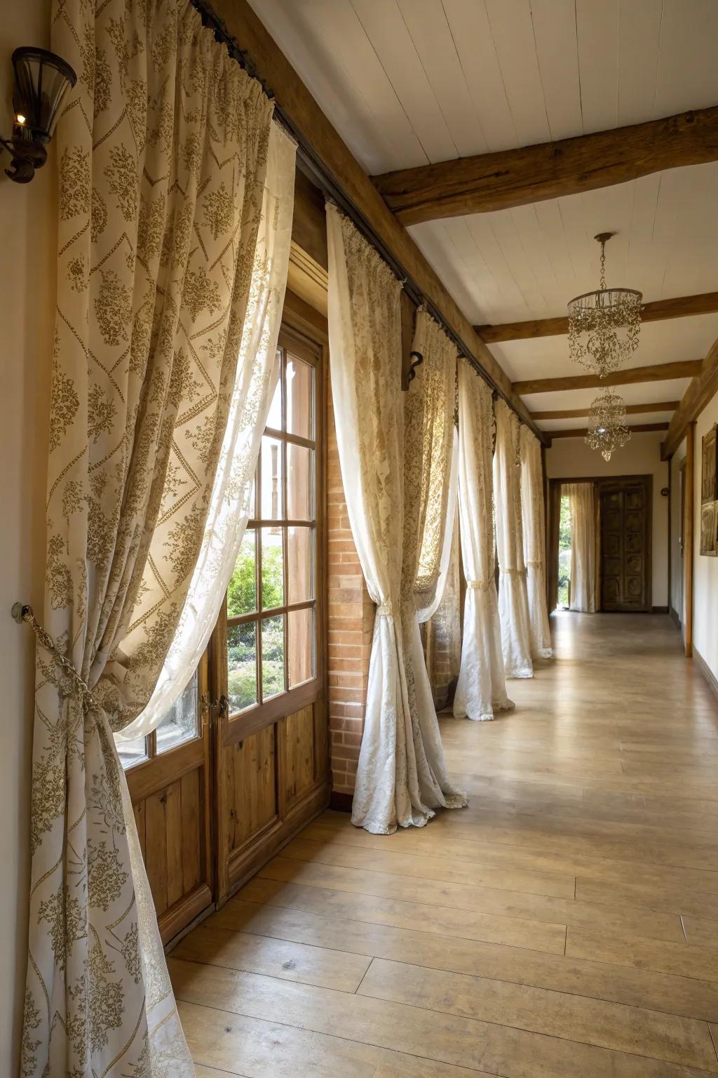 Elegant floor-length coverings appending grandeur to a spacious countryside hallway.