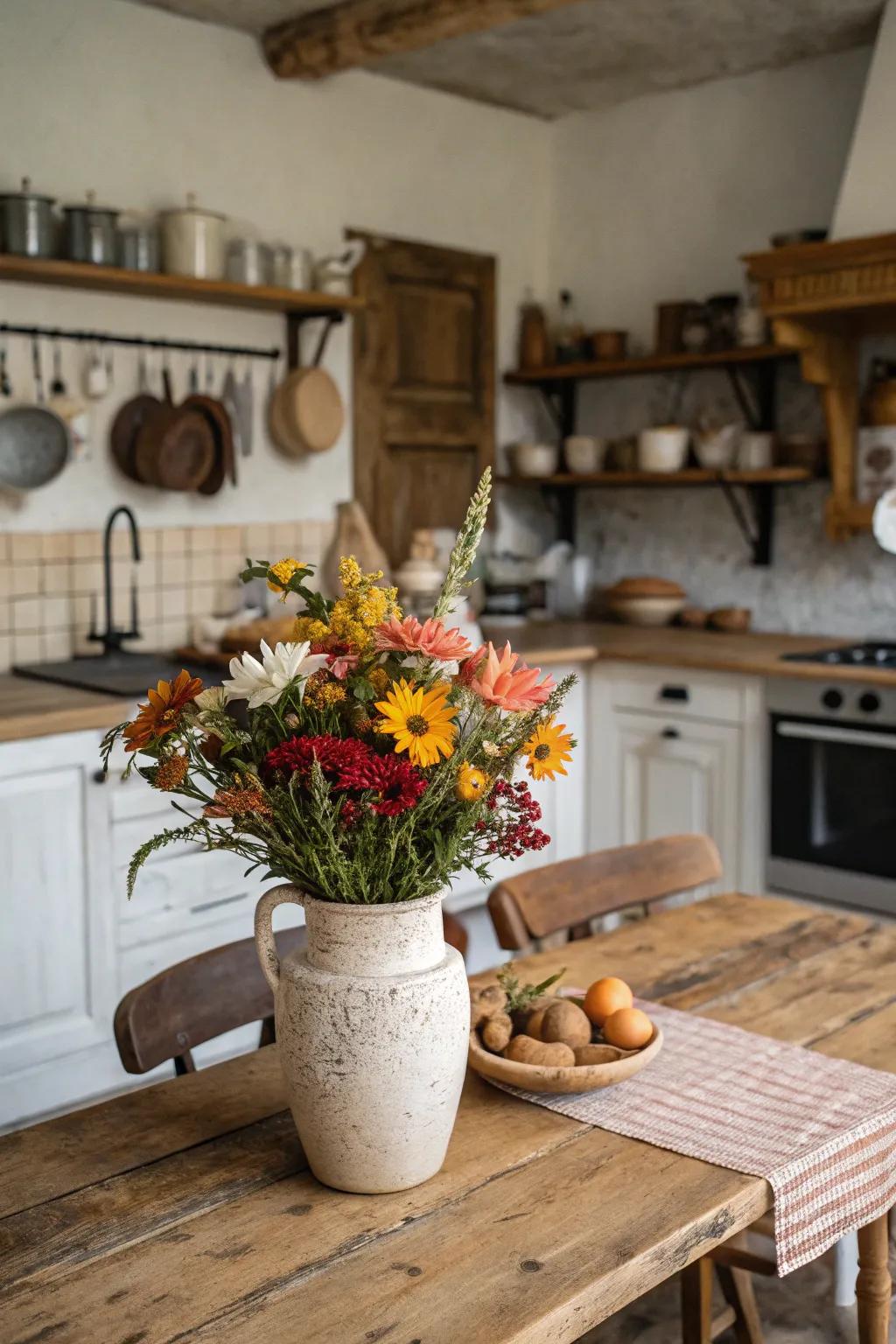 Clay vase with seasonal flowers adding a fresh touch to a country-style cooking space.