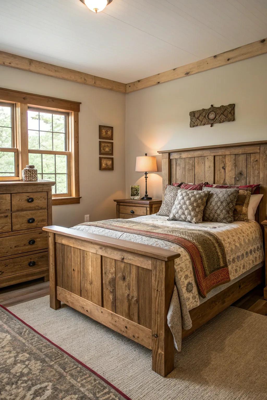 Reclaimed wood furniture adds character and sustainability.