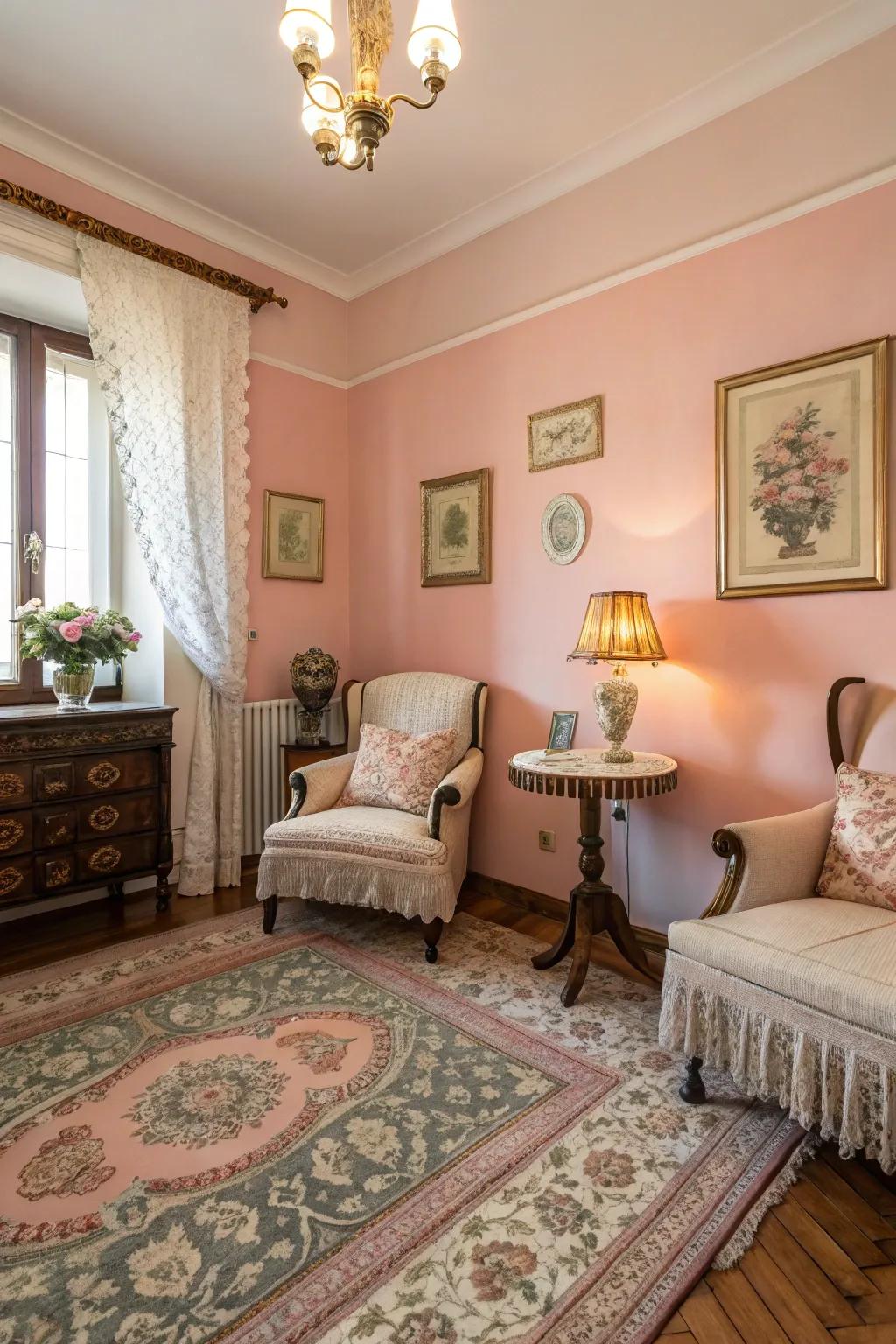 Walls in rosy pink bestow a romantic touch upon this guest room.
