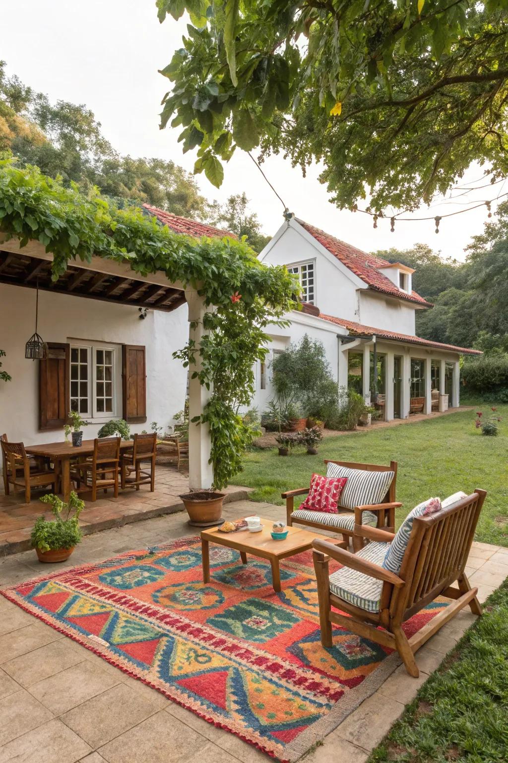 A patterned outdoor mat introduces warmth and style to the patio.