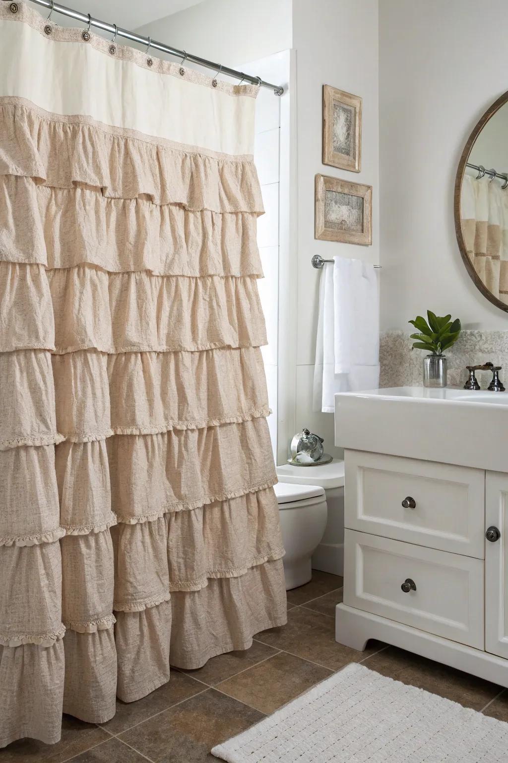 A lavatory with a shower drape featuring charming rustic frills.