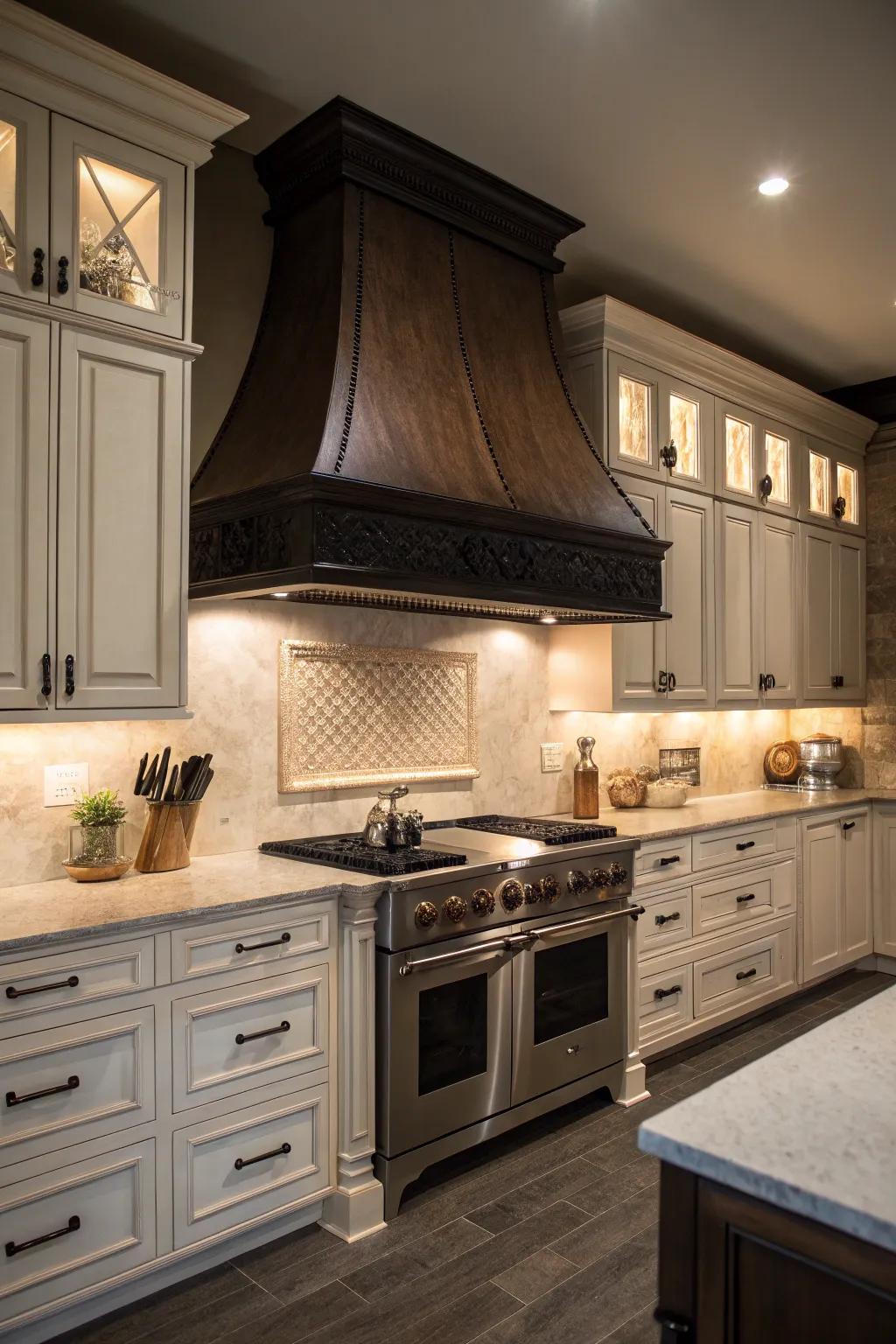 A dark timber vent hood fashions striking distinction and drama.