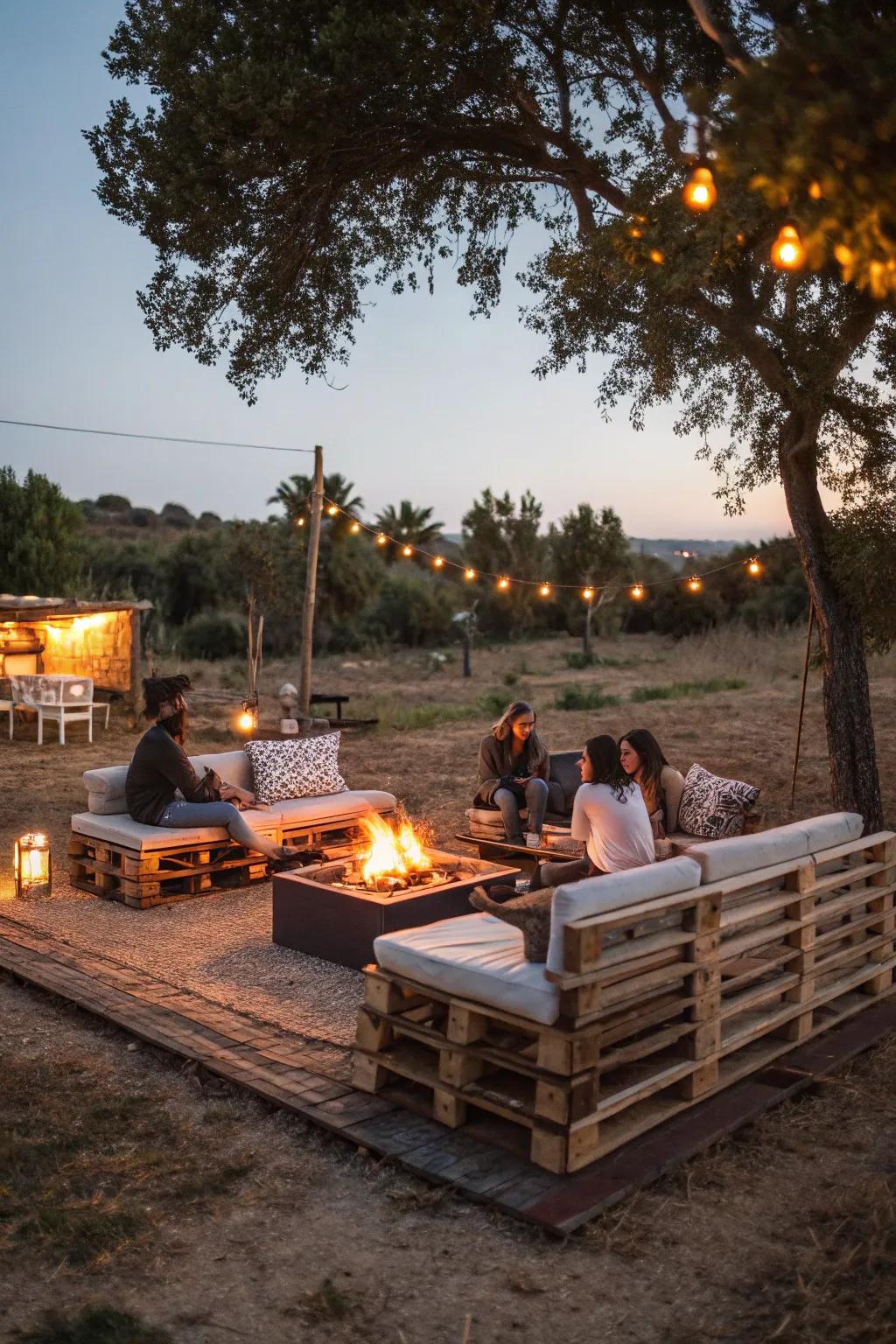 Eco-conscious pallet furniture adds a personal element to the fire pit space.