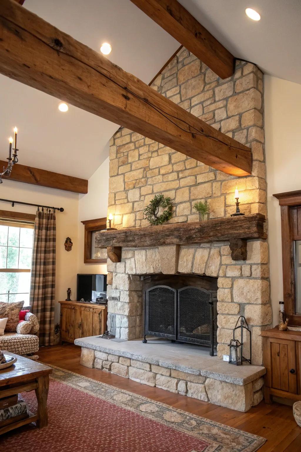 A country-style beam mantel adds warmth and uniqueness.