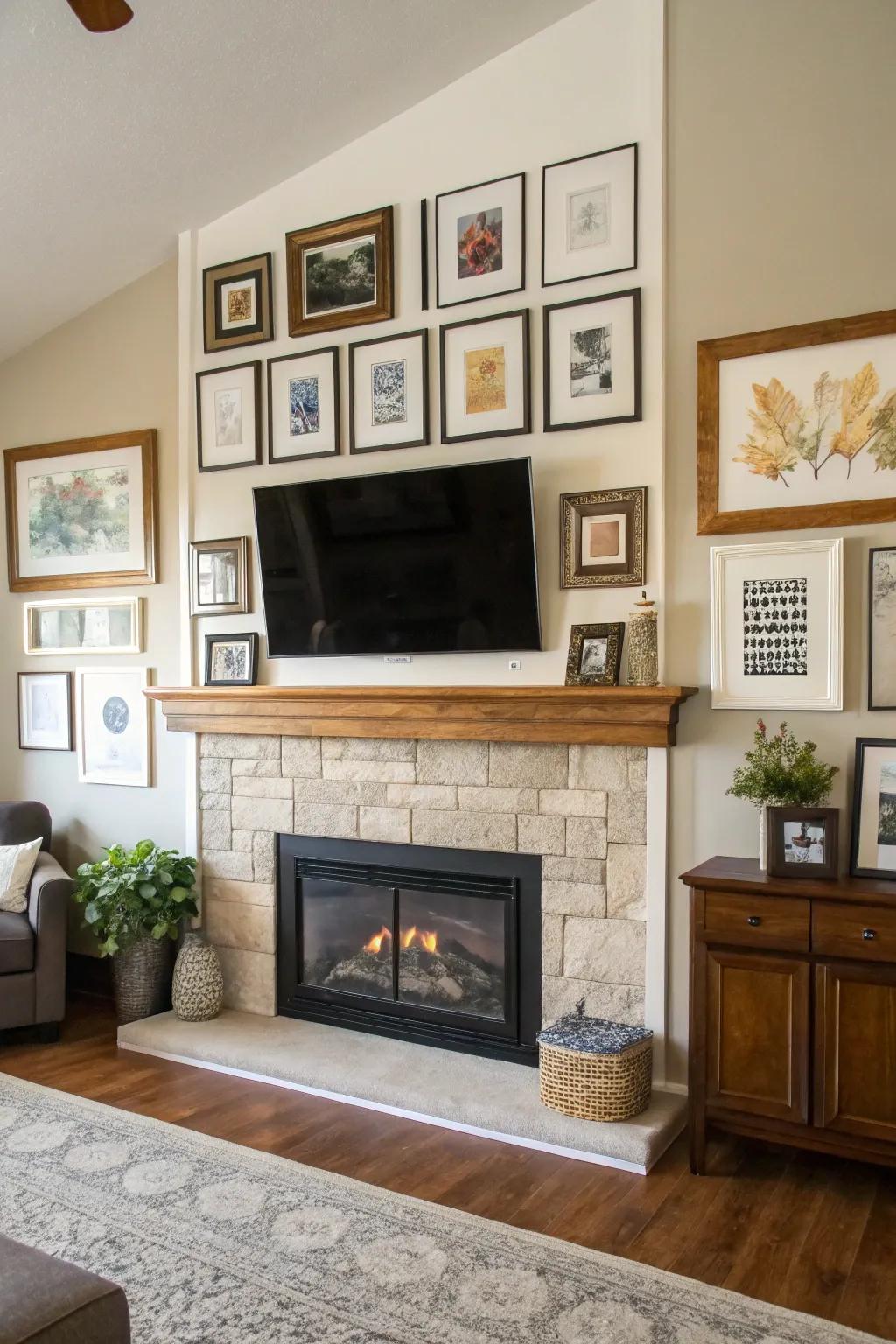 An artful gallery display framing a fireplace and TV in a living area.
