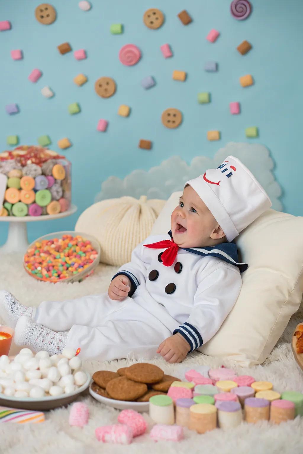 A fluffy marshmallow man getup for a saccharine Halloween.