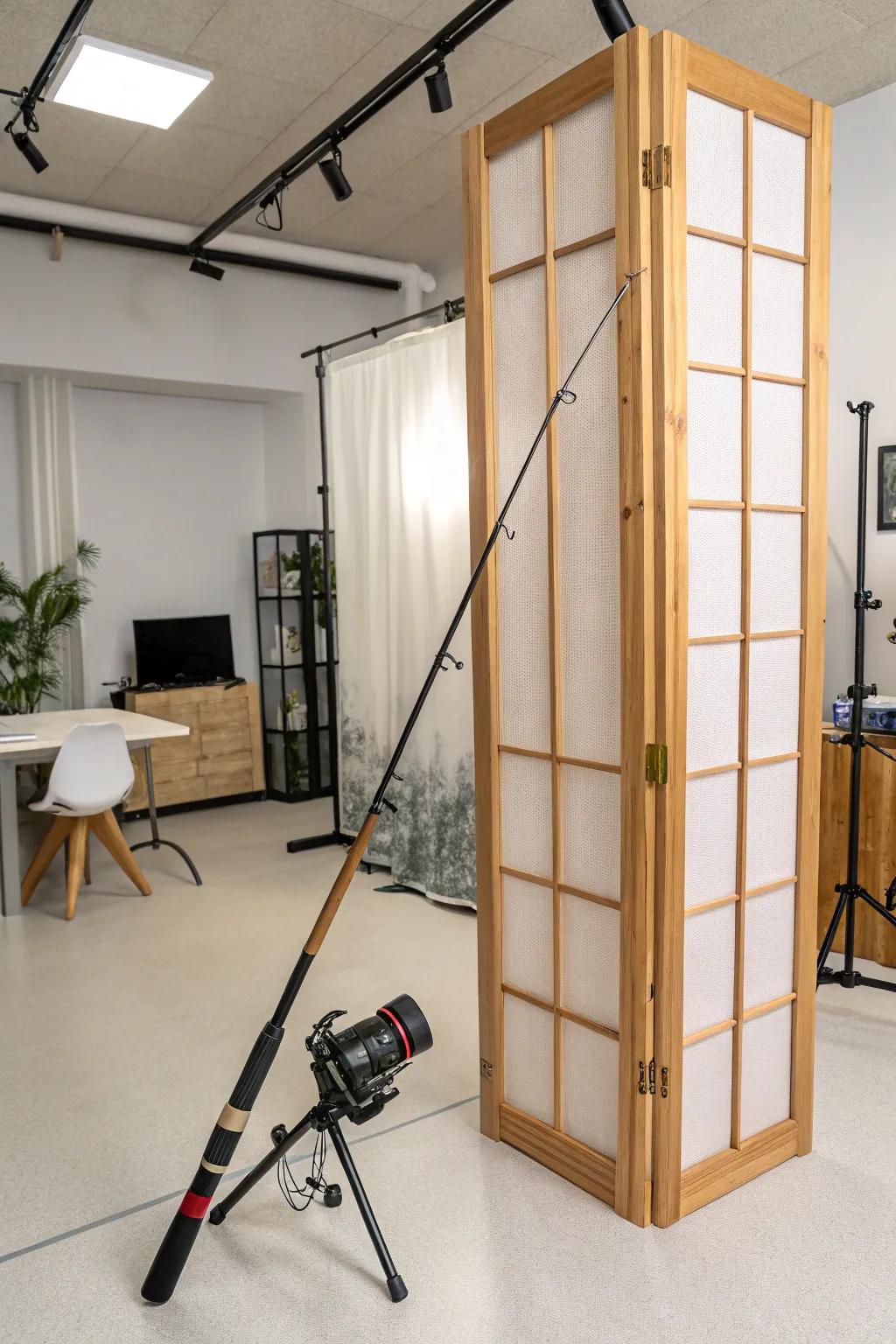 Angling tools fashion a stylish and functional space partition.