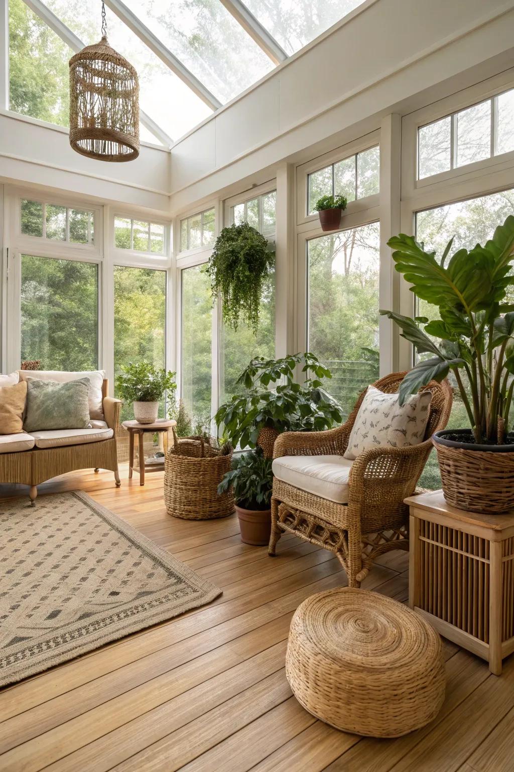 Peaceful sunroom that features stick flooring.