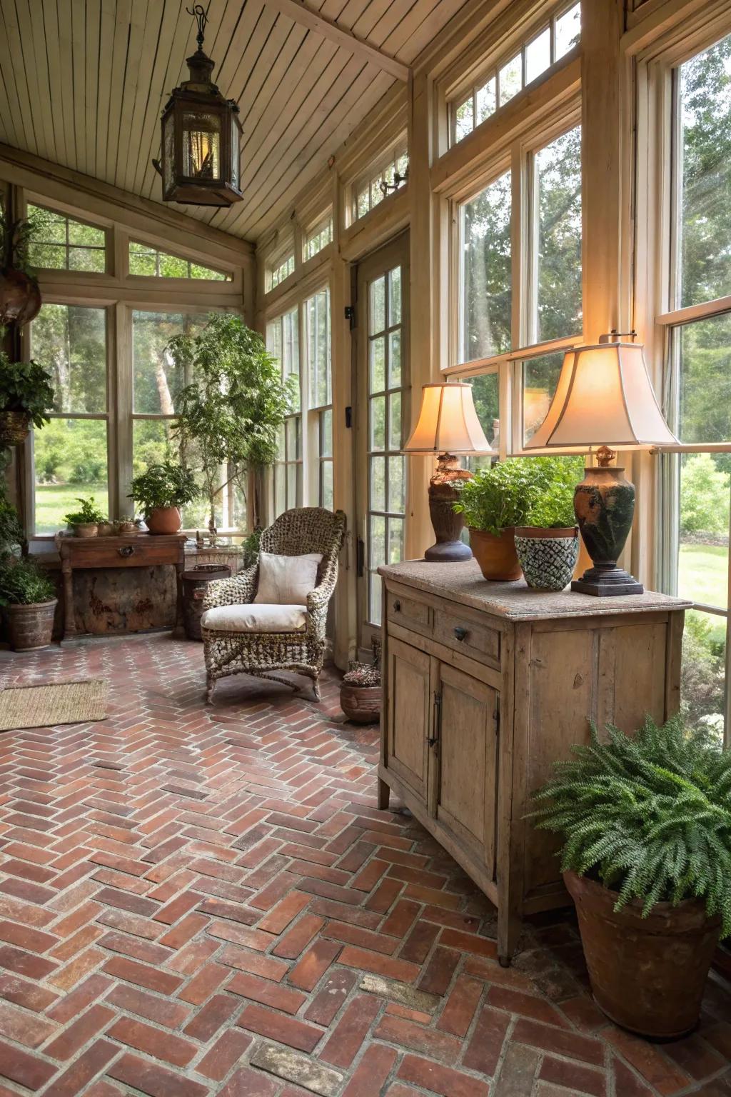 Rustic allure via herringbone stone brick floors.