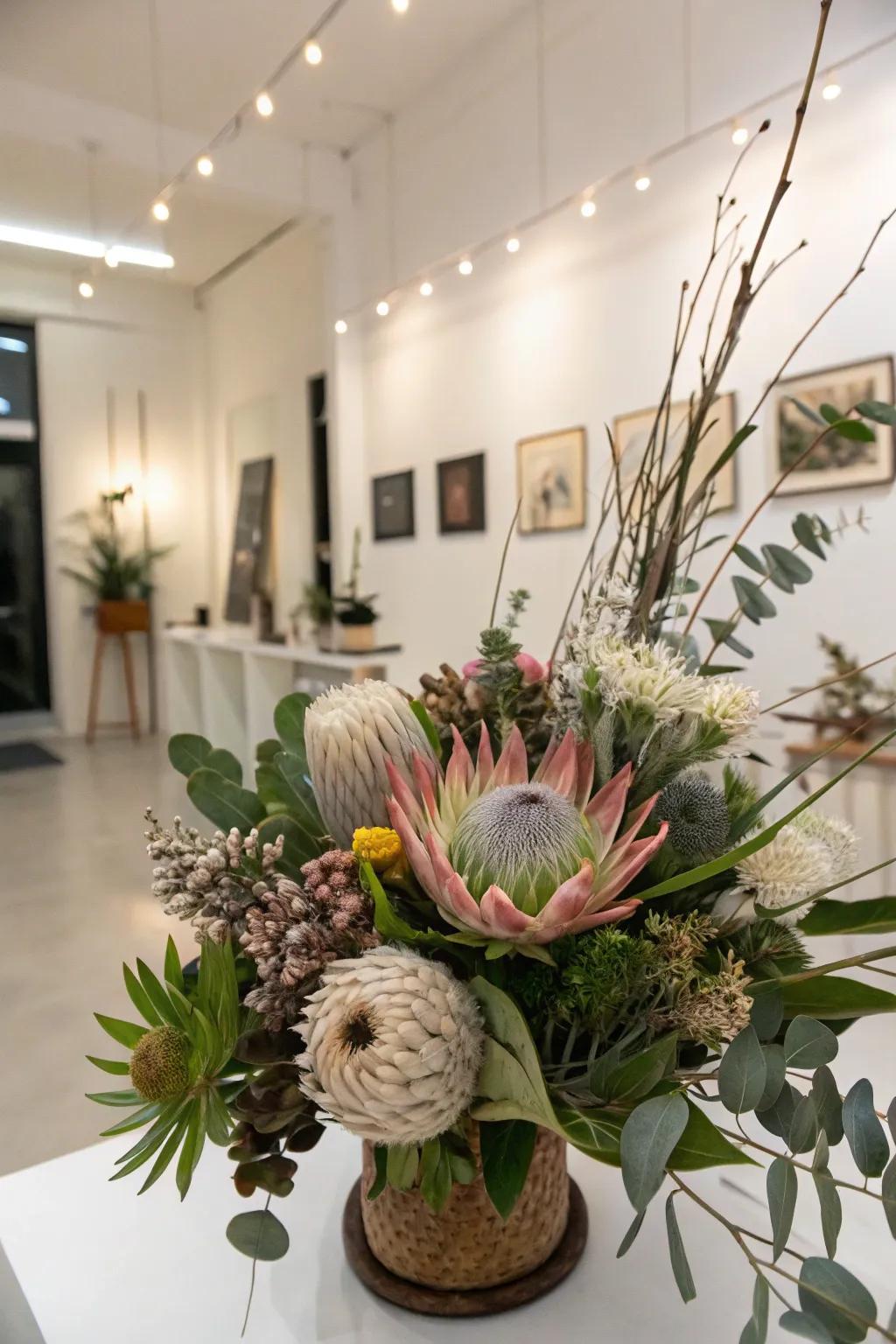 An artistic arrangement serving as a creative centerpiece in a contemporary studio.