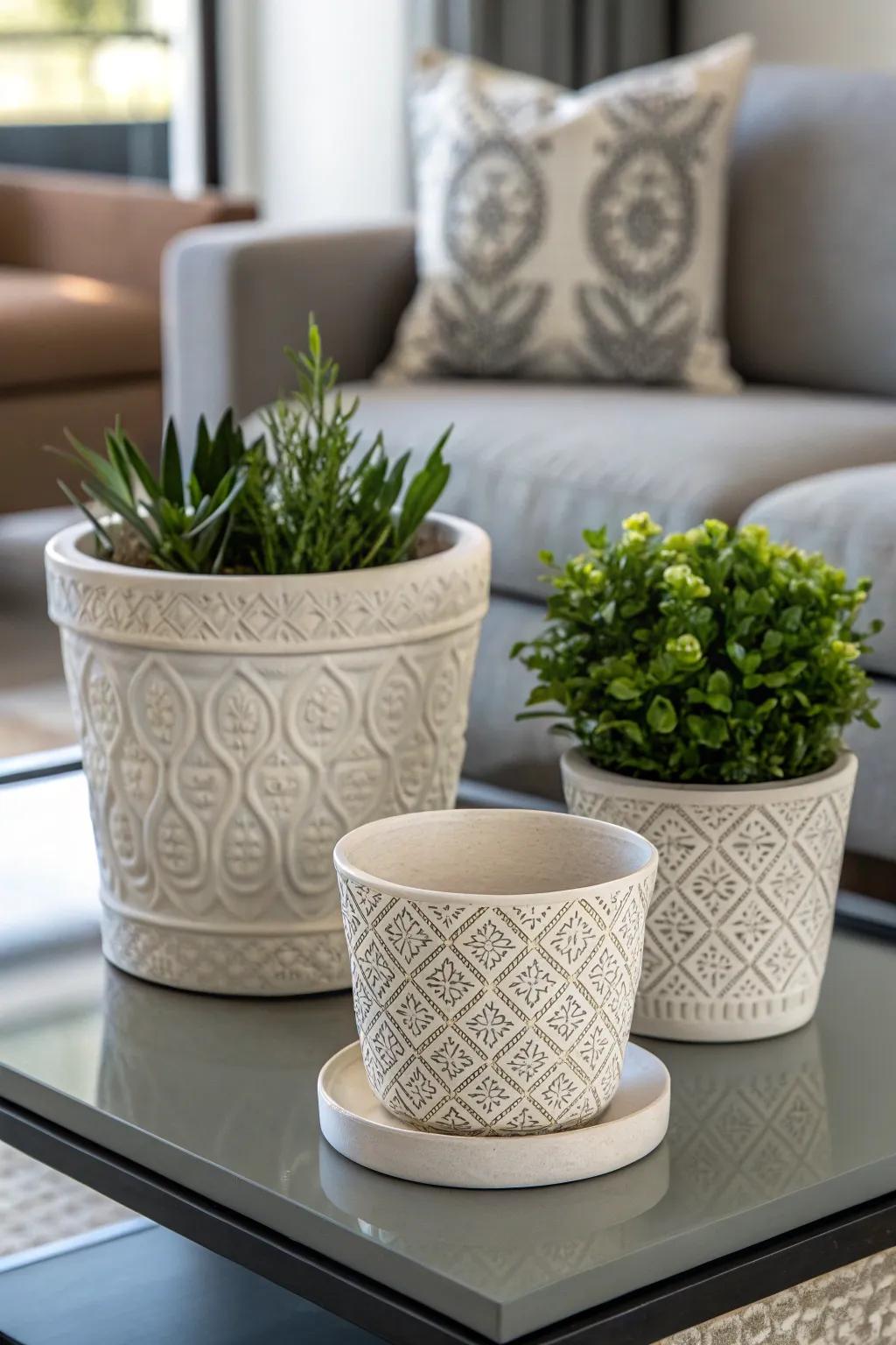 Introduce unique finishs using raised plant pot designs.