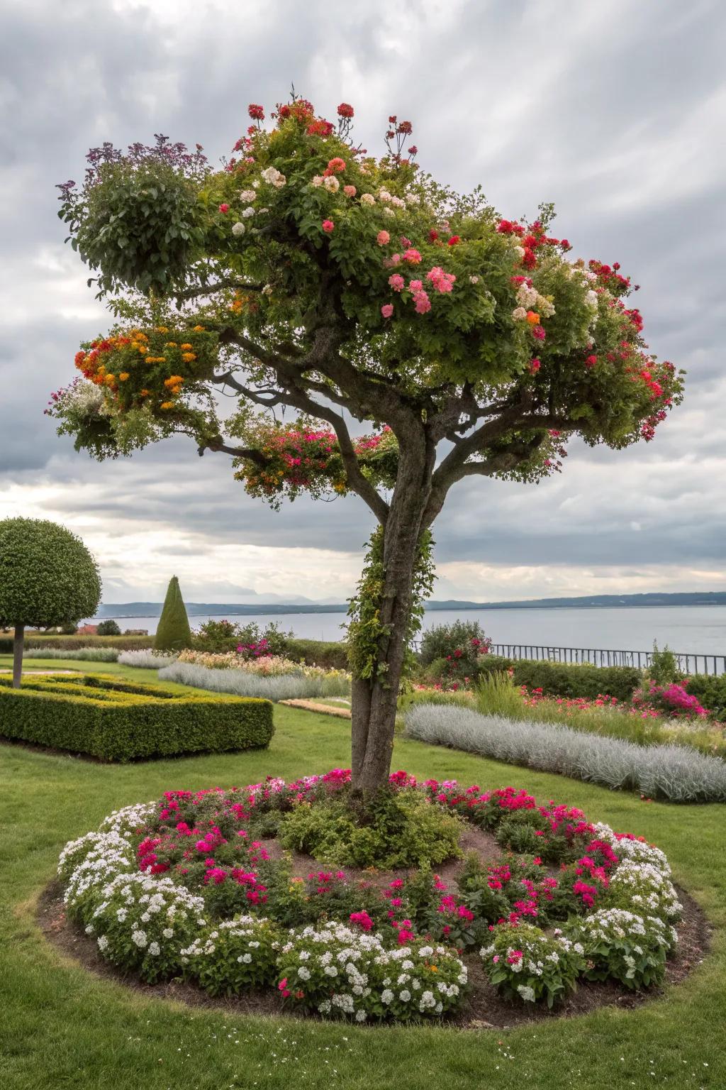 Asymmetrical planting appends a hint of artistry to this tree's environs.