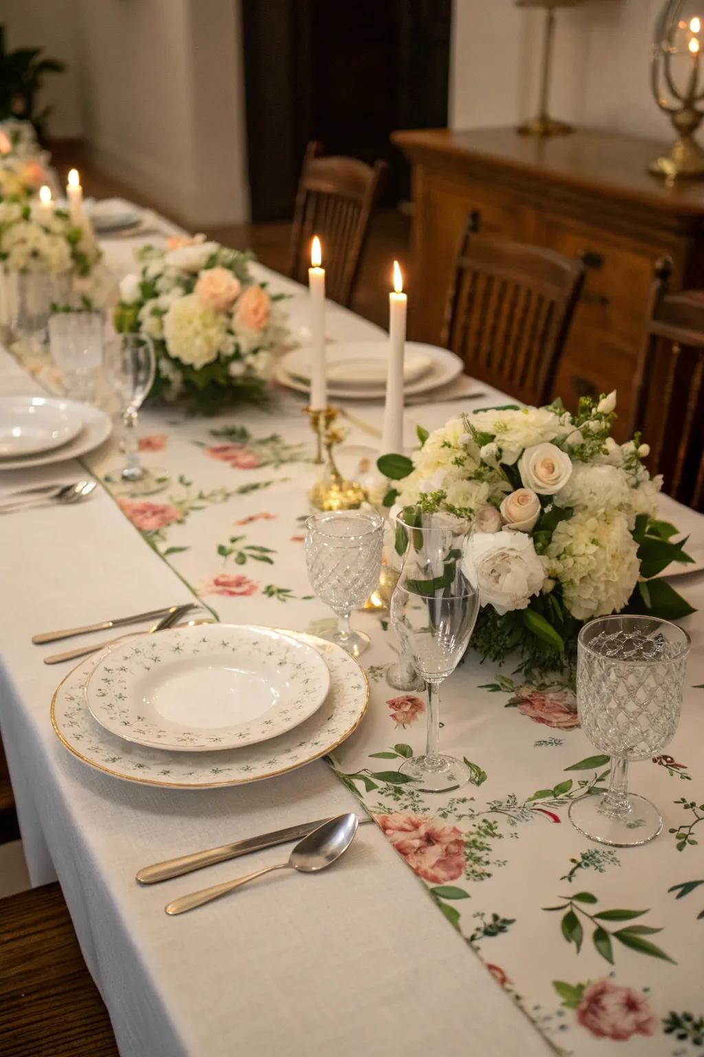 An ivory floral runner fashioning a welcoming dining surface setup.