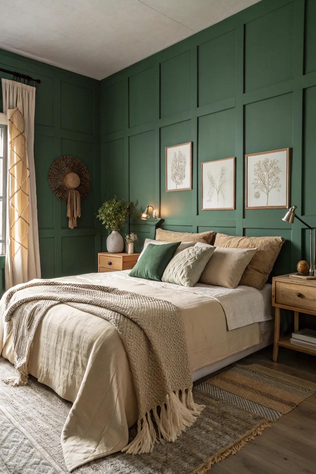 Forest green and beige create a balanced and snug setting.