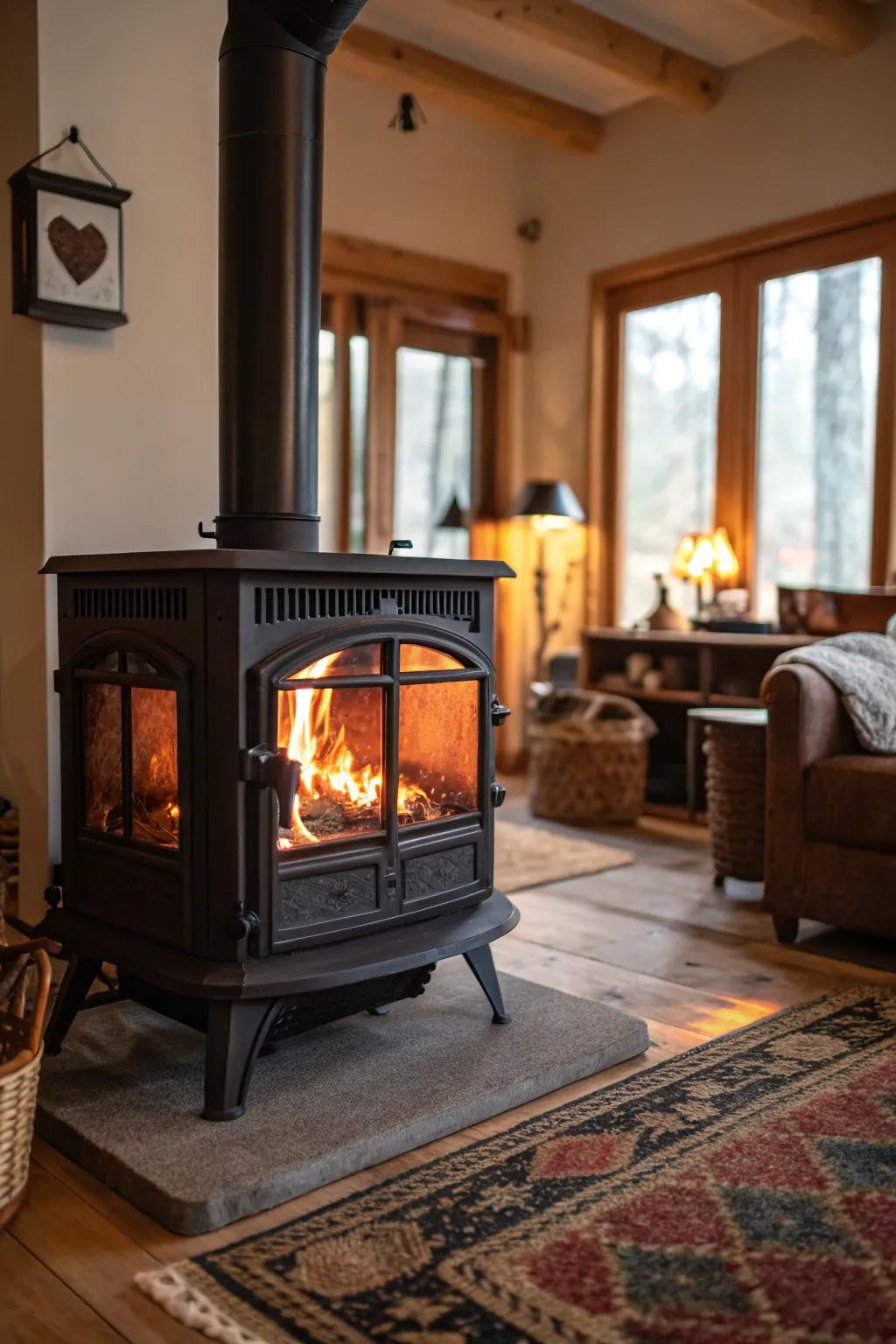 The flames are beautifully displayed through the glass doors.