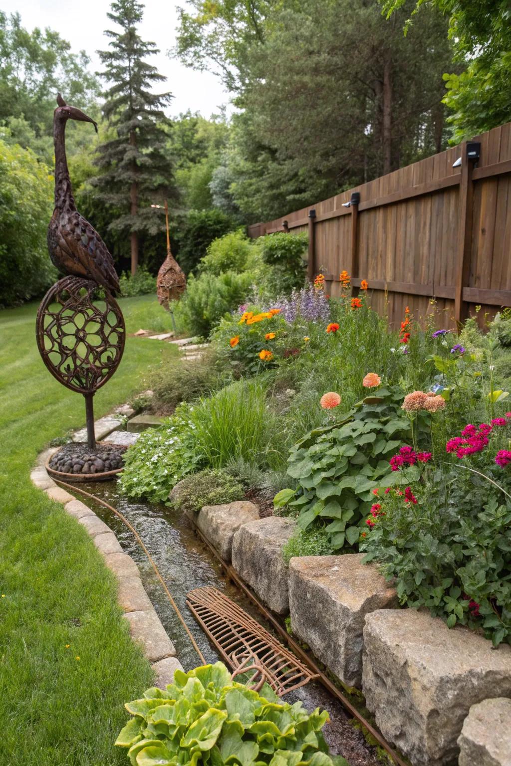 Creative sculptures adding interest while subtly concealing a French drain.