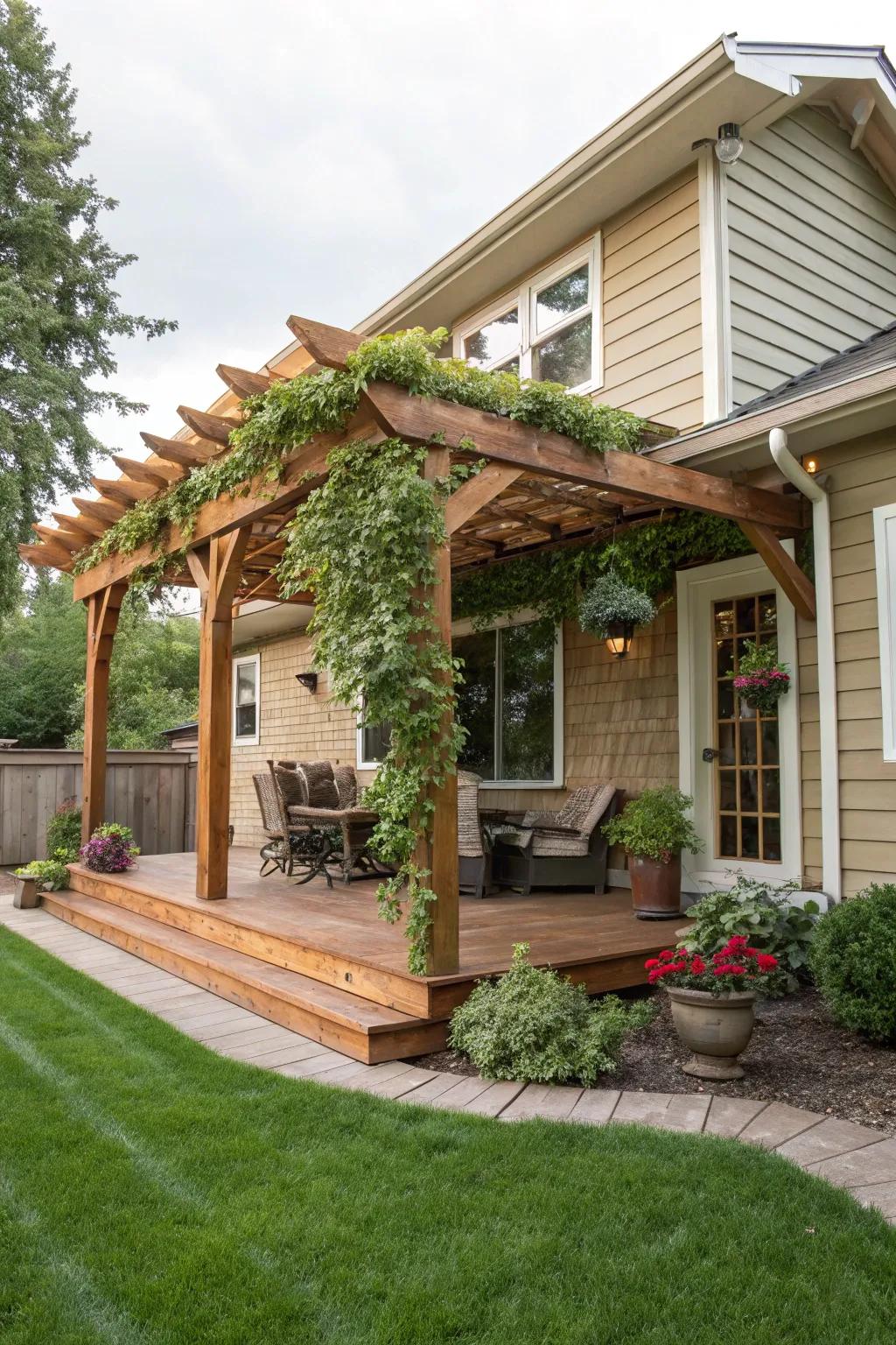 A pergola adds shade and charm to the extension.