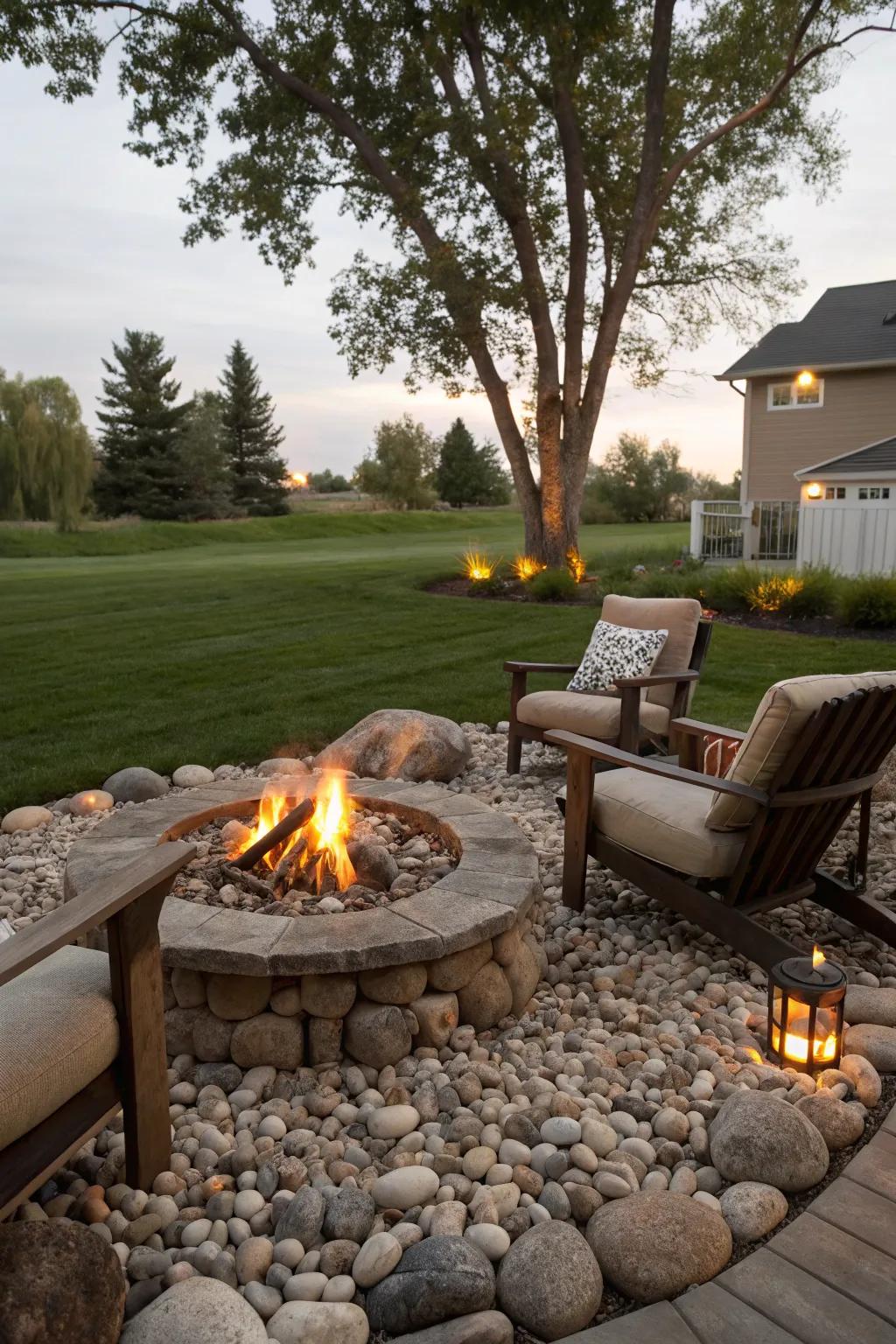 Stones establish a natural tableau for a snug fire pit.