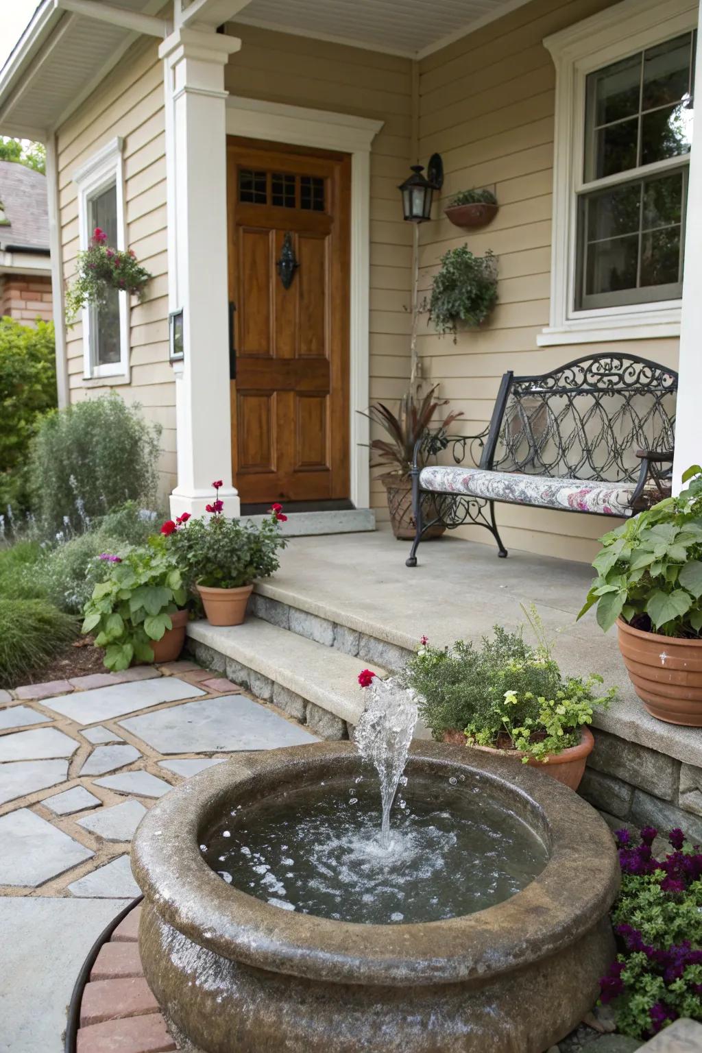 A modest gurgling water display drives a tranquil vibe to this front porch.