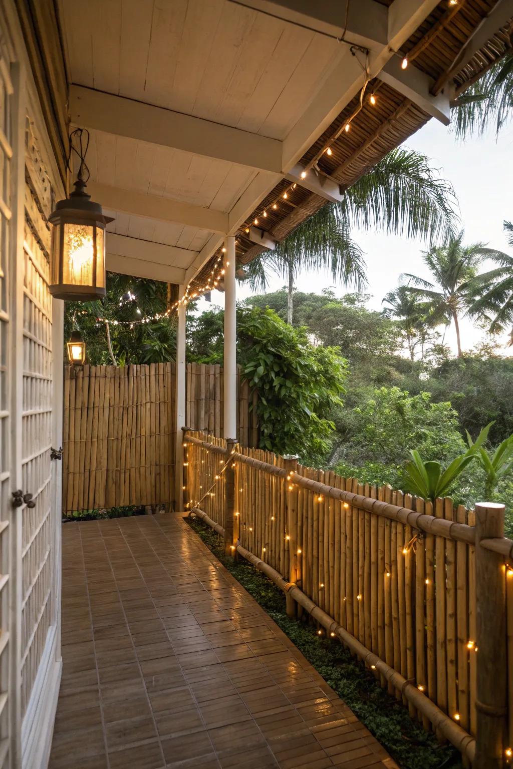 Cane fencing with fairy illumination appends seclusion and a tropical sensation.