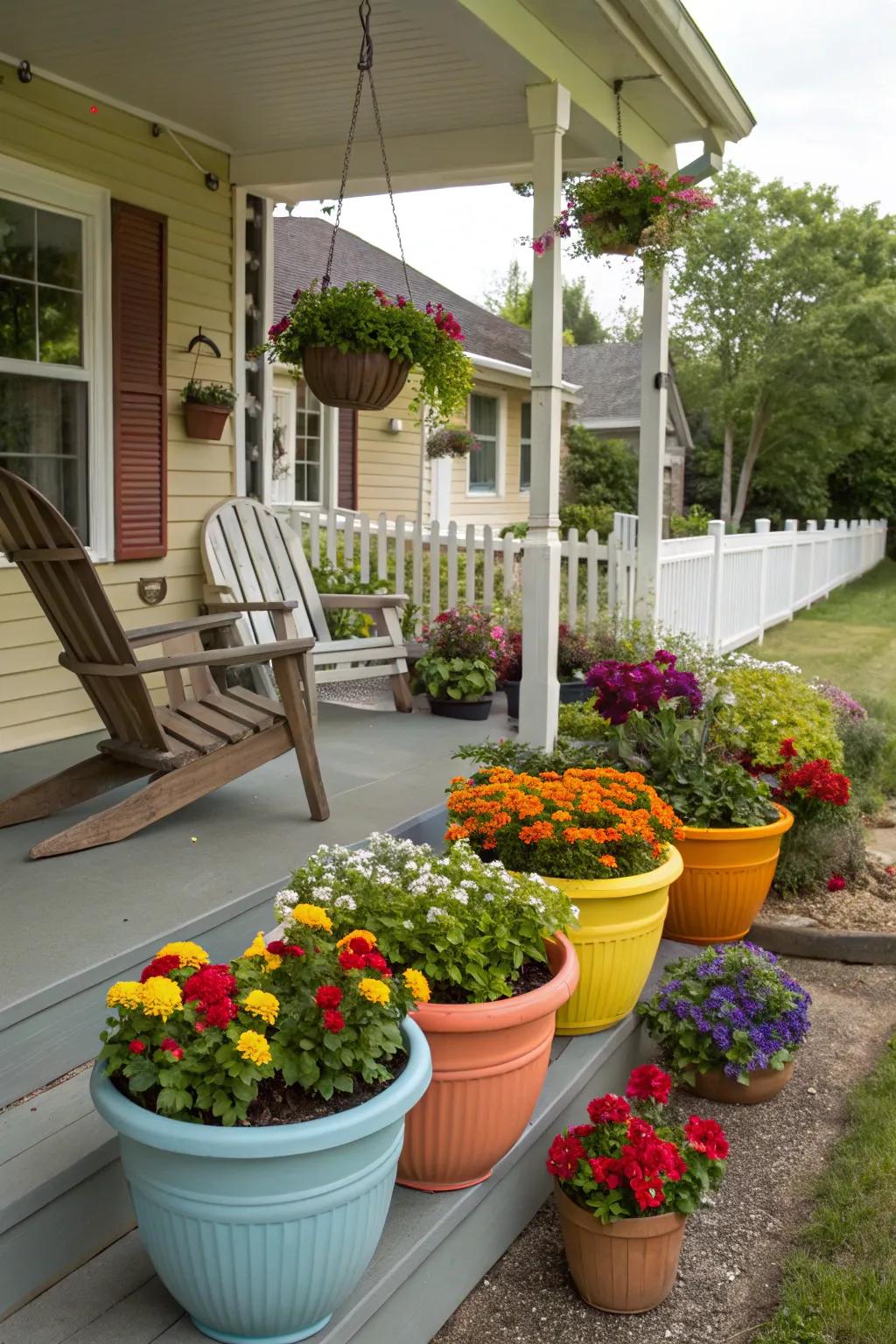 Container gardens offer versatility and vibrancy.